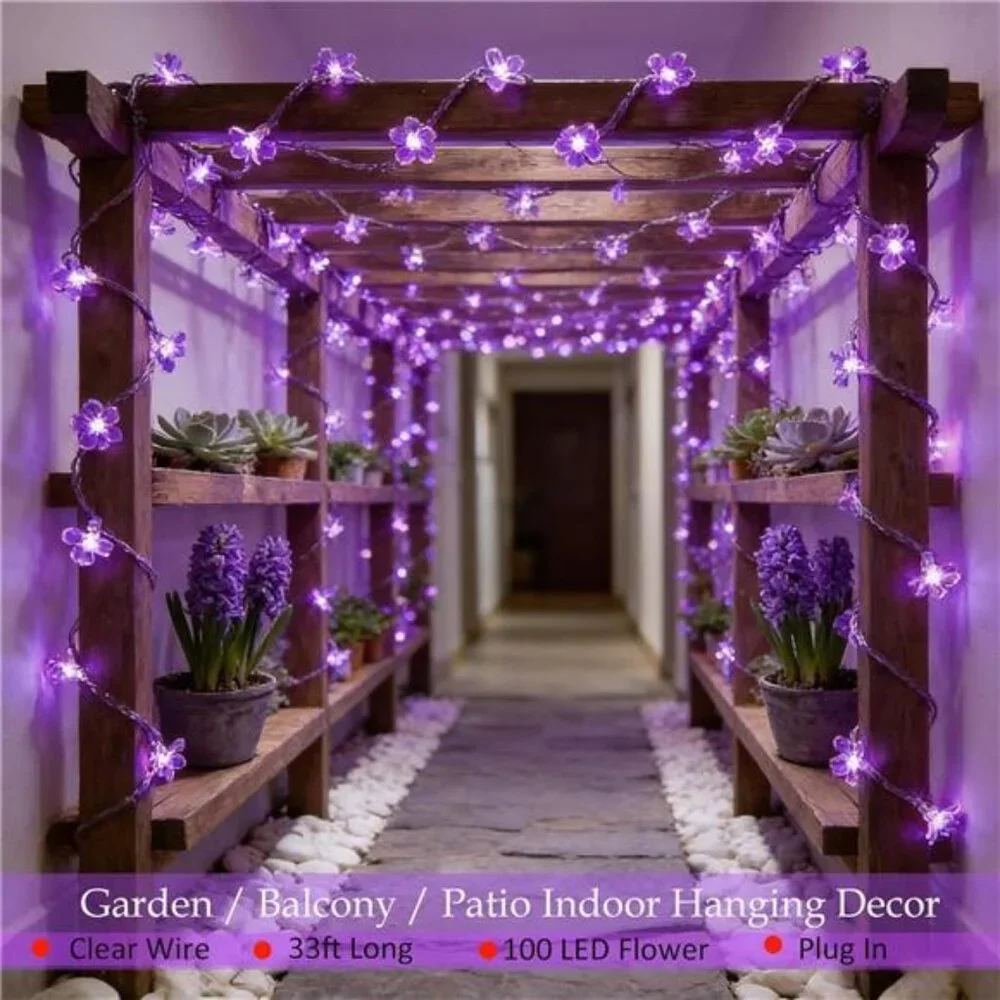 Purple Flower String Lights 33ft 100 LED Plug In Indoor Outdoor Bedroom Wedding